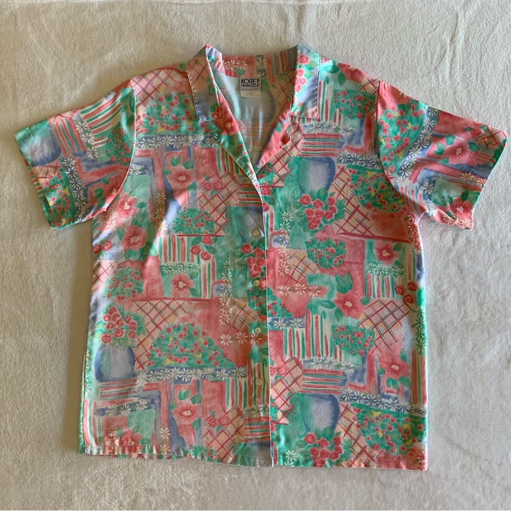 Koret Francisca womens short sleeve button up green multicolor blouse size xL